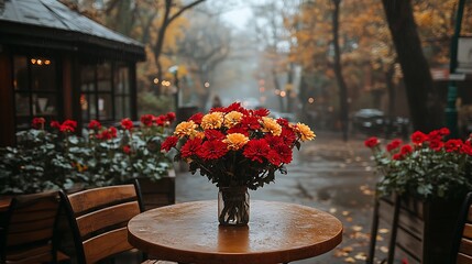 Autumnal bouquet of red and yellow chrysanthemums in a glass vase on a cafe table.