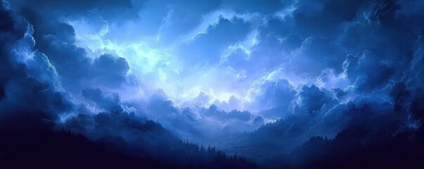 Fototapeta premium Dark blue background banner with clouds- misty atmosphere- fantasy- cinematic landscape
