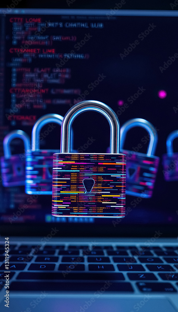 Aufkleber Cybersecurity lock on laptop screen with code; guarding digital data and access protocols