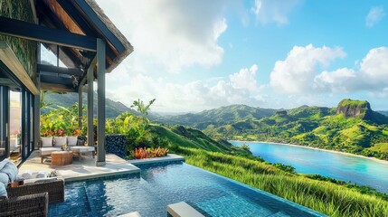Fototapeta premium Luxurious infinity pool overlooking tropical valley in a modern villa
