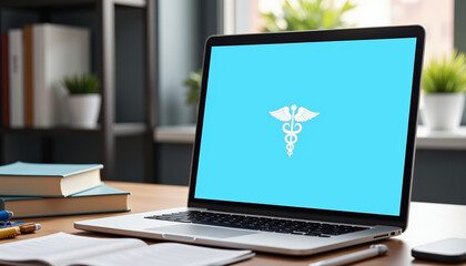 Digital medical records displayed on laptop in office setting, healthcare innovation