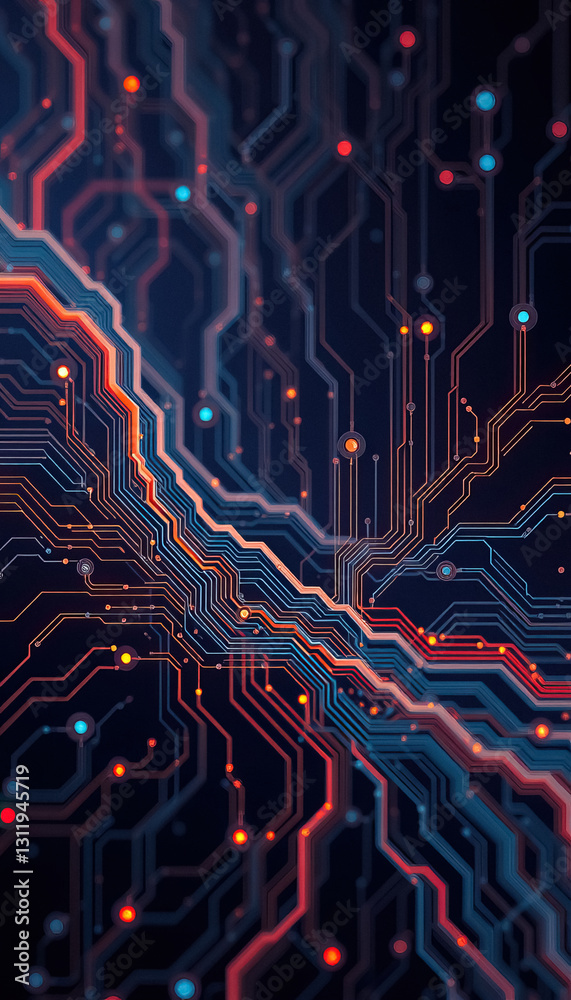 Aufkleber Abstract digital network with vibrant circuit lines and glowing nodes on dark blue backdrop