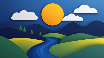 Obraz premium Vibrant Paper Cut Landscape with Blue River and Sunny Sky