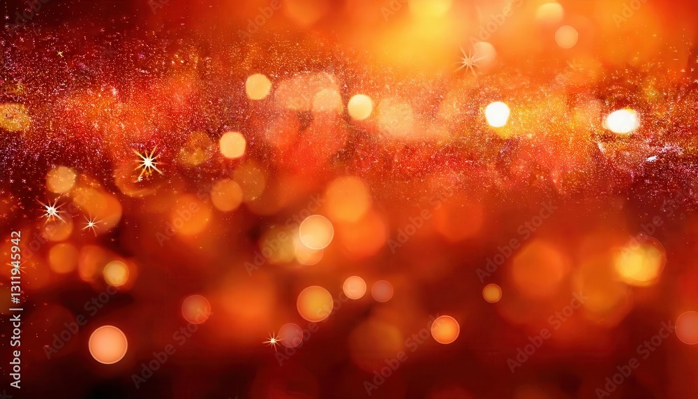 Poster shimmering golden red abstract bokeh background with glowing particles, blurred festive light effect