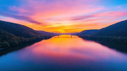 Fototapeta premium A stunning sunset over a calm river, framed by rolling hills and a bridge, showcasing vibrant colors and serene reflections.