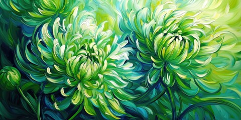 Abstract floral painting of lush green chrysanthemums with vibrant brushstrokes
