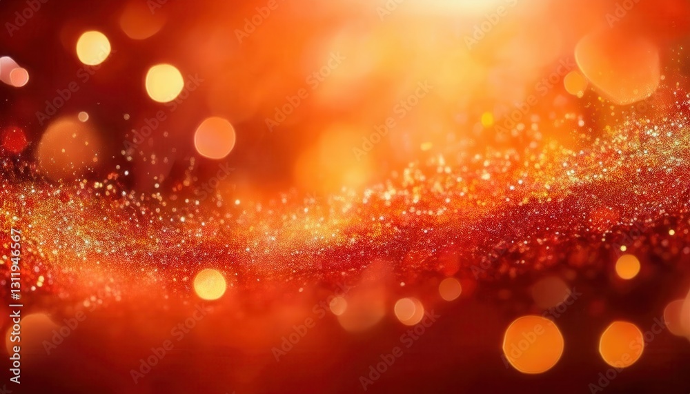 Poster shimmering golden red abstract bokeh background with glowing particles, blurred festive light effect for luxury design

