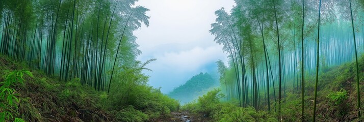 Fototapeta premium Expansive aerial view revealing a serene bamboo forest enveloped in mist with rolling hills visible on the horizon at dawn