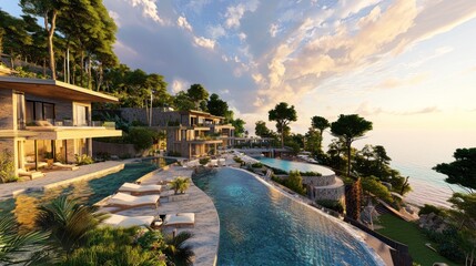 Fototapeta premium Luxury hillside resort, infinity pools, scenic ocean view, sunrise