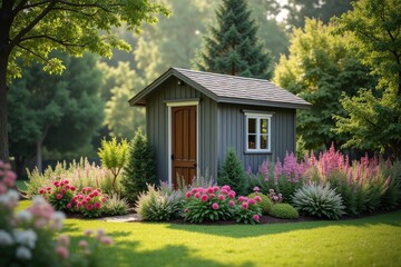 Charming shed is nestled in a vibrant garden