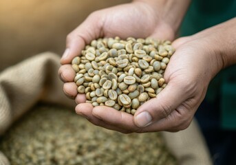 Close-up of hands holding unroasted green coffee beans over burlap sack in coffee farm setting