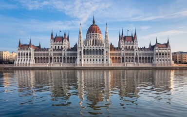 Fototapeta premium Danube River, Hungarian Parliament Building, morning reflection