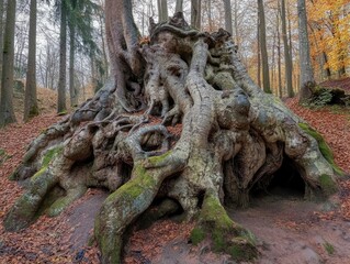 Ancient arboreal giant, intricate root structure in autumnal forest scene