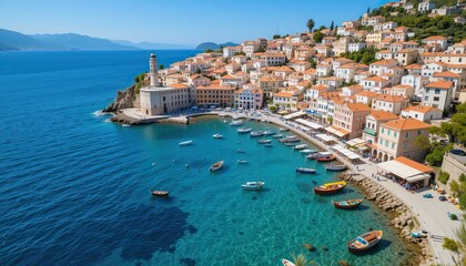 Obraz premium Idyllic coastal village adriatic sea aerial view serene waterscape travel inspiration