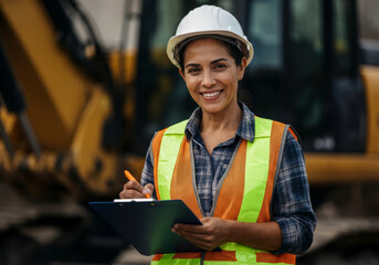 Smiling Hispanic female construction worker in safety gear holding clipboard on worksite