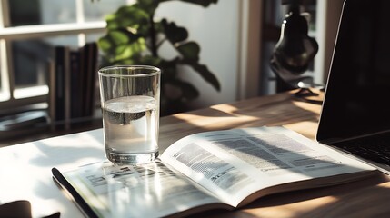 Desk with Glass of Water, Book, and Laptop for Study