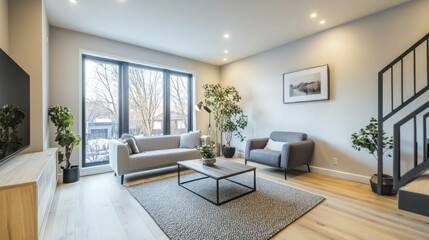 Modern living room with city view, comfortable seating and plants.  Use for home decor or real estate