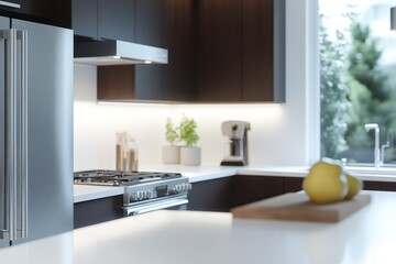 A modern kitchen featuring sleek cabinetry, a gas stove, a coffee maker, and fresh lemons on a wooden cutting board.