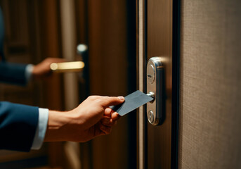 Hand opening hotel room door with key card in modern secure lock system