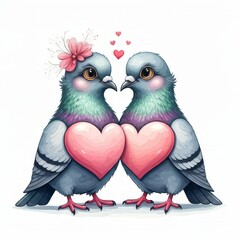 Fototapeta premium Watercolor Cartoon Love Birds with Hearts - This depicts a charming watercolor cartoon of two love birds holding a heart together, adorned with a flower and hearts above them