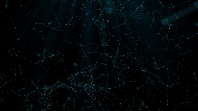 Internet of things connection science effect. Blue digital network plexus blockchain technology connecting dot network web abstract on black background