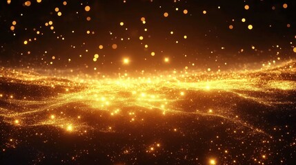 Fototapeta premium Background of golden light particles- creating an ethereal and dreamy atmosphere. The particles sparkle with golden hues against the dark backdrop.