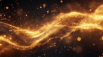 Fototapeta premium Background of golden light particles- creating an ethereal and dreamy atmosphere. The particles sparkle with golden hues against the dark backdrop.