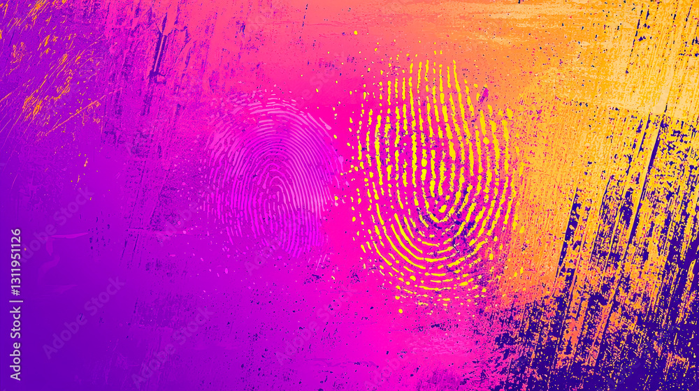 Poster vibrant fingerprints overlay a richly textured background, blending purples, pinks, and oranges as t