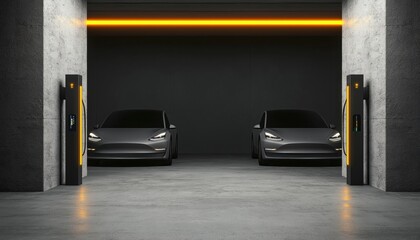 Fototapeta premium Modern Garage Electric Car Charging Station - Sustainable Transport Future