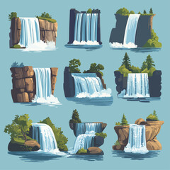 Cartoon Waterfall Set: Nature Scenery with Cliffs, Trees, and Clear Water