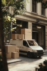 Delivery van parked with stacked boxes in urban setting