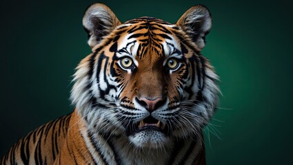 Fototapeta premium Close-up view of a majestic tiger with striking orange and black stripes against a dark green background, showcasing its intense gaze