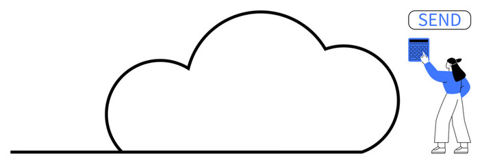 Minimalist woman placing blue storage device into large cloud shape near send button. Ideal for technology, cloud computing, data storage, innovation, communication, networking, flat simple metaphor