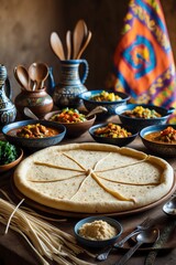 Delicious Middle Eastern Feast Featuring Flatbread and Colorful Vegetable Stews