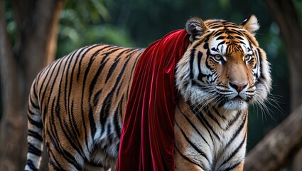 Obraz premium Majestic tiger adorned with a flowing red fabric, showcasing vibrant stripes and dynamic water droplets in a lush green environment