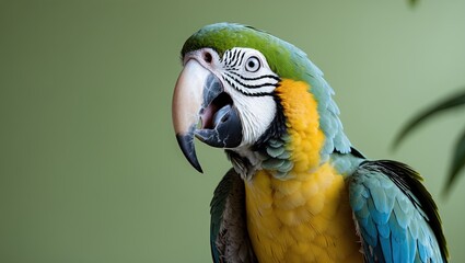 Obraz premium Vibrant blue and yellow macaw parrot perched against a soft green background, showcasing its lively feathers and expressive beak