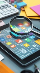 A magnifying glass emphasizes network and data connections on a tablet, surrounded by office tools like pens and calculators, symbolizing technology and digital innovation.. AI Generation
