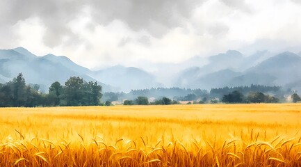Golden wheat field with mountains in the background under a cloudy sky