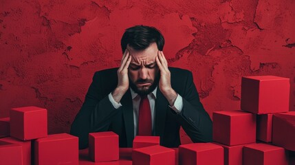 A stressed businessman sits surrounded by red blocks, conveying feelings of frustration and overwhelm in a striking red environment.