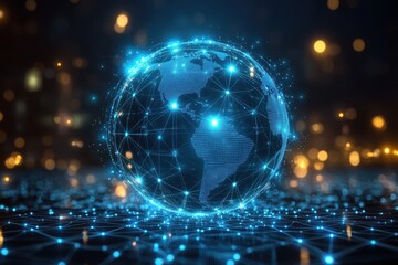 Obraz premium Discover a futuristic digital globe illuminated with glowing elements in this captivating image, featuring a hint of an umbrella for added intrigue.