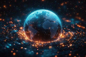 Explore a futuristic digital globe with glowing elements in this captivating image, featuring a unique and innovative take on the global concept.