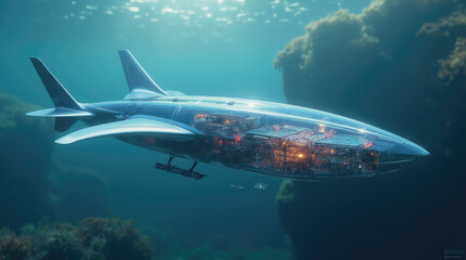 Obraz premium A cutting-edge submarine glides through vibrant underwater scenery. It showcases a transparent body revealing a bustling interior filled with advanced technology while surrounded by marine life