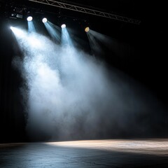 Dramatic stage lighting with spotlights and smoke, perfect for performance