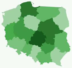 Map of Poland with regions. A simple country border map with region division. Green color palette. Blank Poland shape with administrative division. Vector illustration.