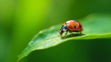 Fototapeta premium A vibrant ladybug delicately traverses a verdant leaf, a symbol of nature's intricate beauty and the serene harmony of the natural world.