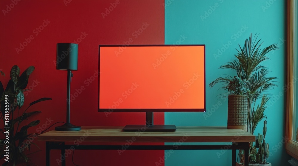 Poster a bright, blank computer monitor sits on a wooden table against two contrasting wall colors, red and