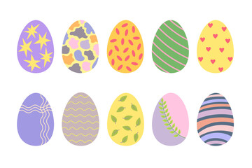Easter egg collection colorful decorated in festive tones holiday symbol, flat style hand drawn vector illustration for spring celebration time decor, greeting cards, invitations, banners, web design