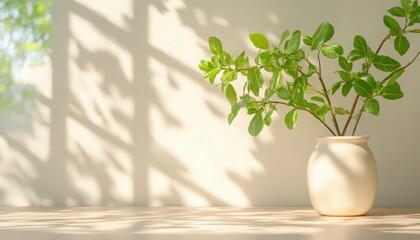 Fototapeta premium Green Plant in White Vase with Sunlight and Window Shadows