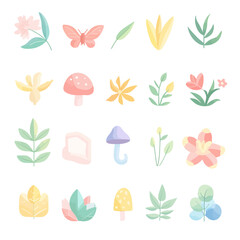 Watercolor Flower and Mushroom Illustration with Butterfly and Leaves