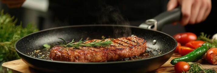 Fototapeta premium Cook prepares steak with rosemary in restaurant kitchen, showcasing fresh ingredients and culinary skills in cool lighting